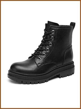 Faux Leather Combat Boots Lace-Up Ankle Boots Side Zip Lug Sole